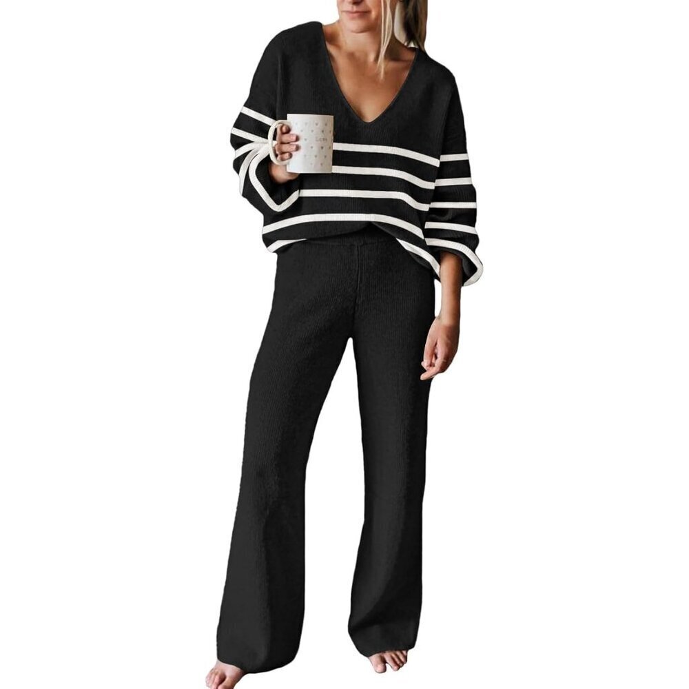 Women's Knit 2 Piece Lounge Set V-Neck Sweater Wide Leg Pants Casual